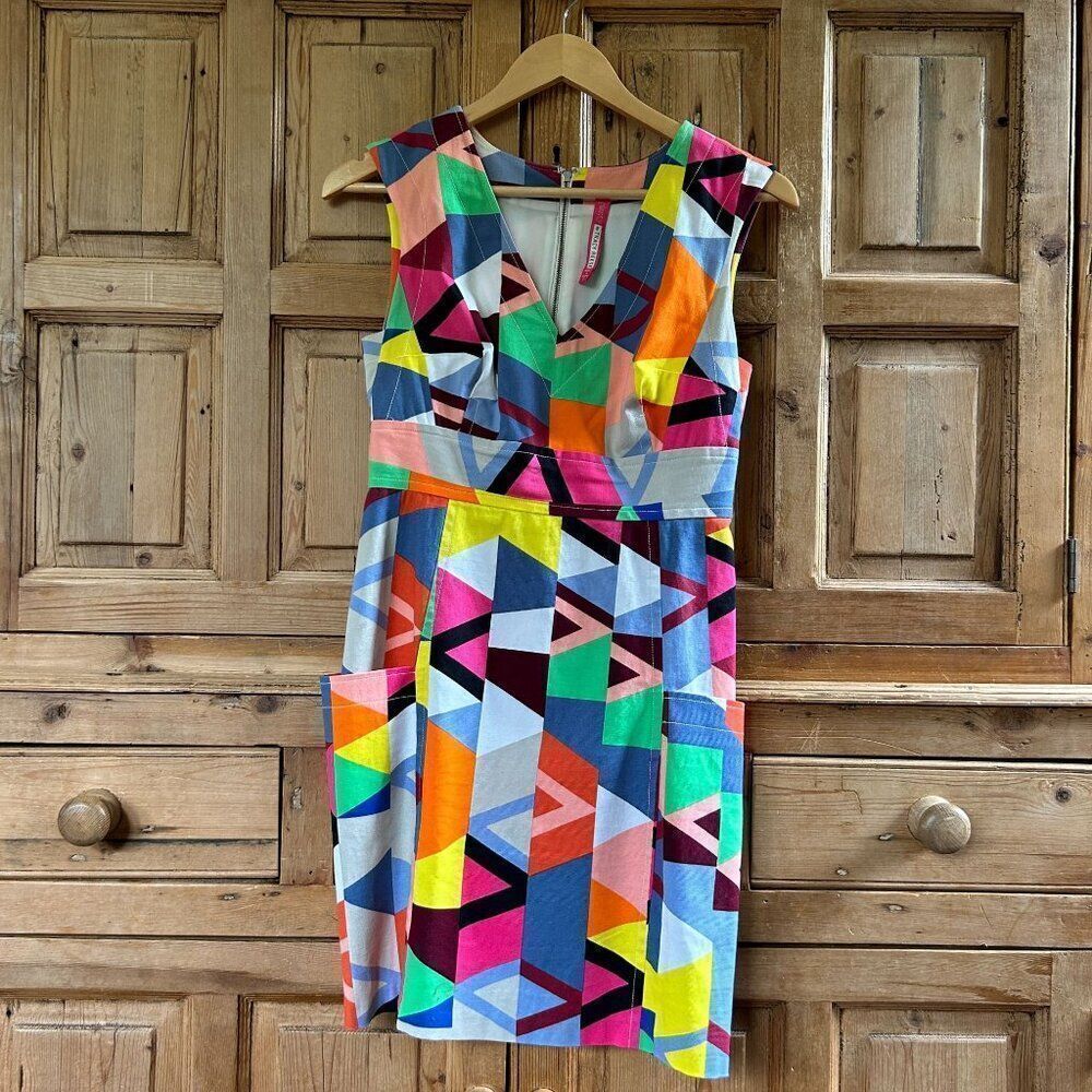 Plenty Size‎ 2 Dress Colorful Geometric Print V-Neck Tank Pockets Shift Artsy